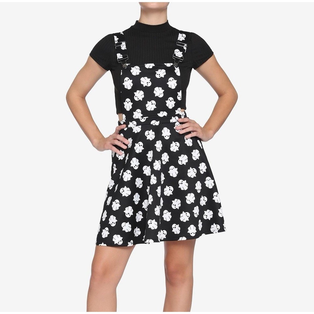 NWT Hot Topic Ghost Skirtall Black & White pattern Adjustable Straps Size: L